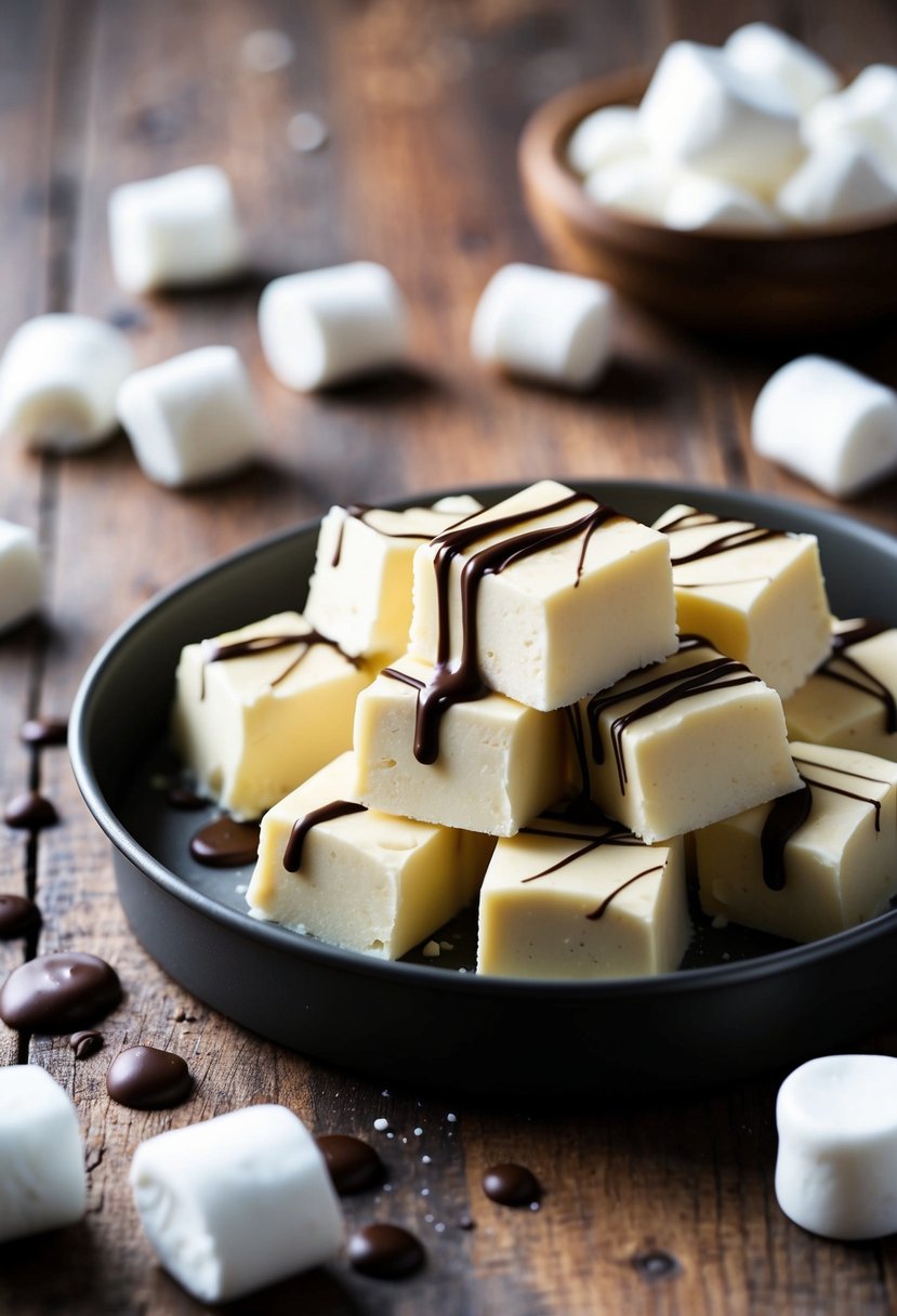 A tray of white chocolate marshmallow fudge sits on a rustic wooden table, surrounded by scattered marshmallows and a drizzle of melted chocolate