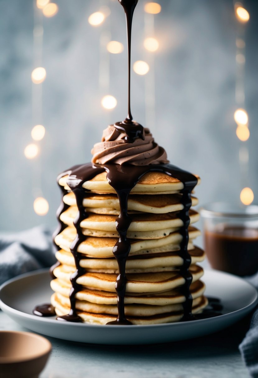 A stack of fluffy pancakes topped with rich dark chocolate mousse and drizzled with Belgian chocolate sauce