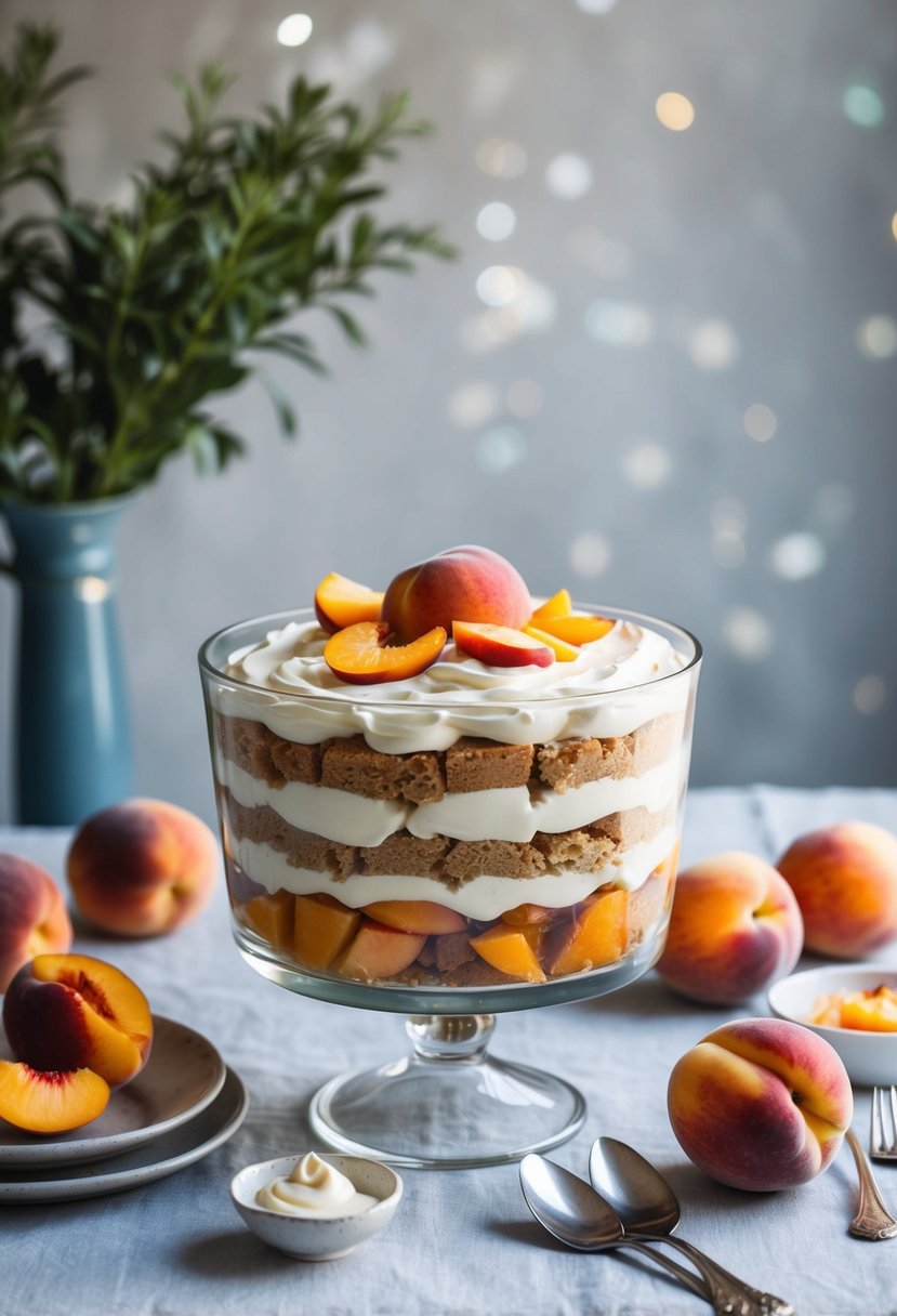 A table topped with a peach trifle surrounded by ingredients like peaches, cream, and cake layers