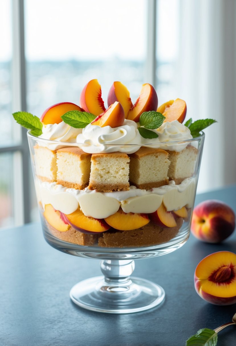 A glass trifle dish filled with layers of sponge cake, peach slices, custard, and whipped cream, topped with fresh peach slices and mint leaves