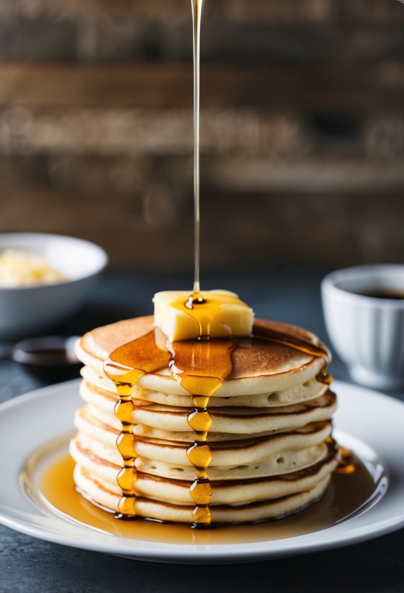 A stack of golden buttermilk pancakes topped with melting butter and drizzled with syrup on a white plate