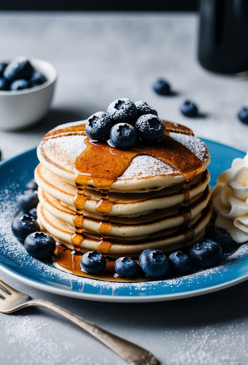 A plate of double blueberry pancakes topped with syrup and powdered sugar, accompanied by a side of whipped cream and fresh blueberries