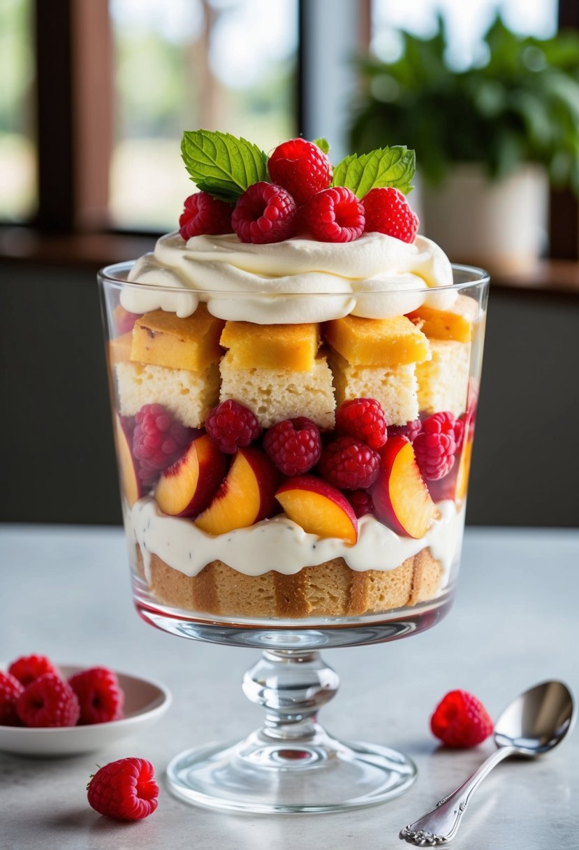 A glass trifle dish filled with layers of sponge cake, peaches, raspberry sauce, and whipped cream, topped with fresh raspberries and mint leaves