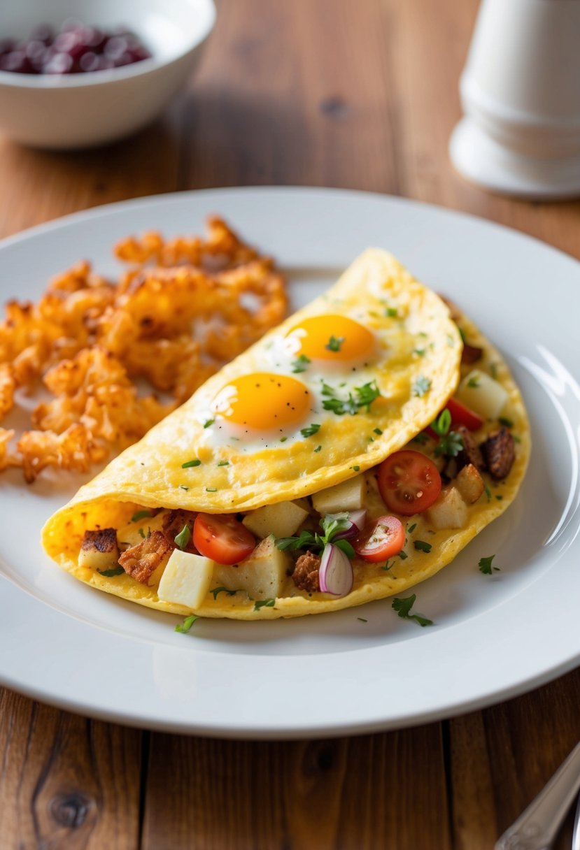 A sizzling omelette filled with country-style ingredients, accompanied by golden crispy hash browns on a white plate