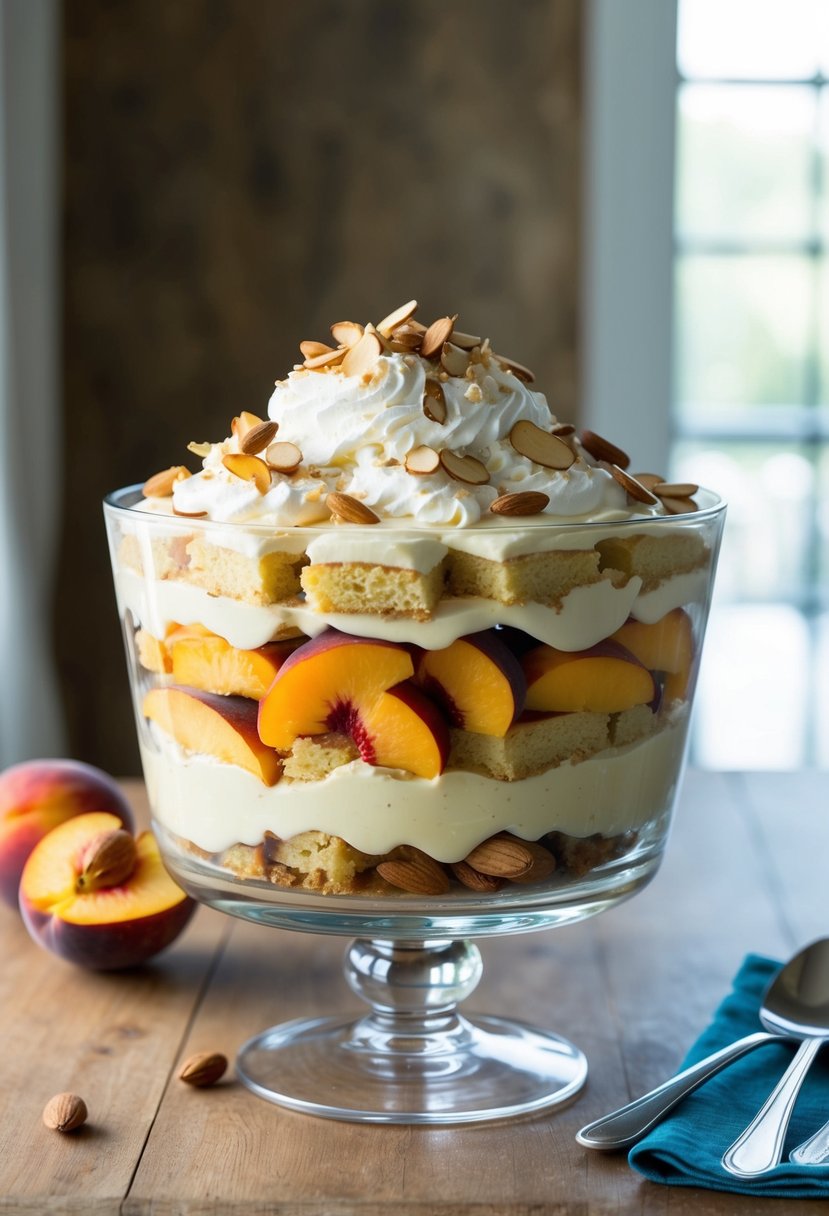 A glass trifle dish filled with layers of peach slices, amaretto-soaked sponge cake, and creamy custard, topped with whipped cream and toasted almonds