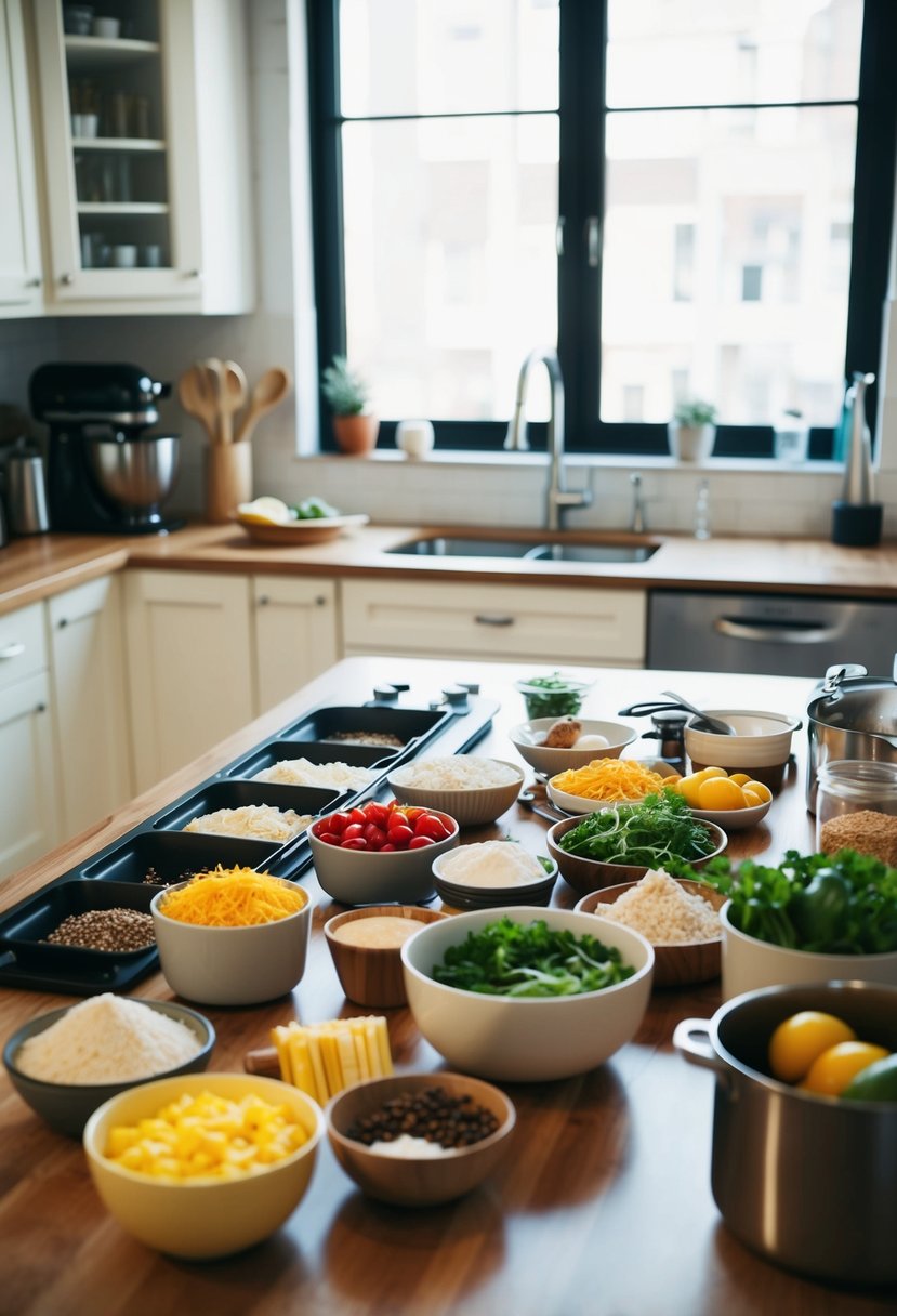 A kitchen counter with a variety of ingredients and cooking utensils laid out for preparing recipes tailored to the luteal phase of the menstrual cycle