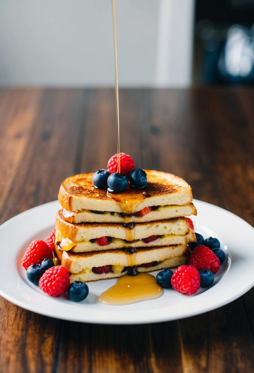 A plate of stuffed French toast surrounded by fresh berries and drizzled with syrup on a wooden table