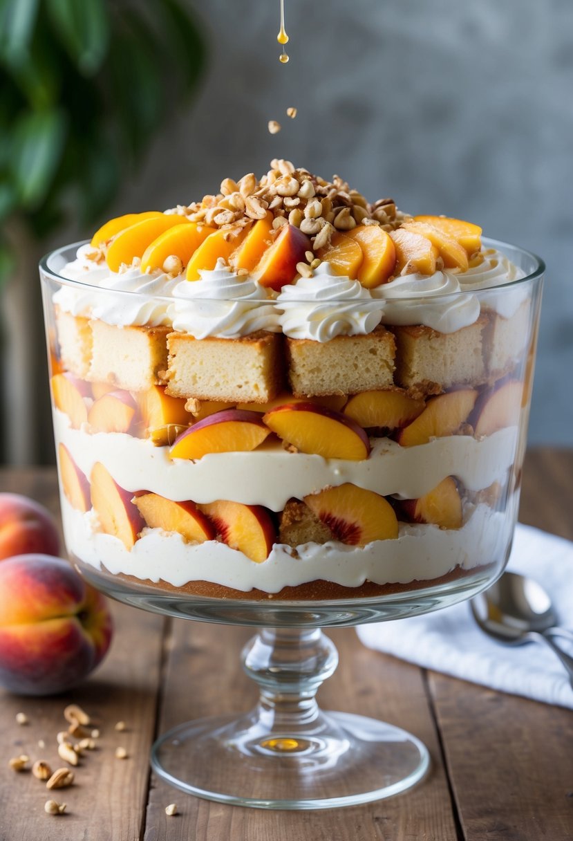 A glass trifle dish filled with layers of sponge cake, whipped cream, and sliced peaches, topped with a sprinkle of chopped nuts and a drizzle of peach syrup