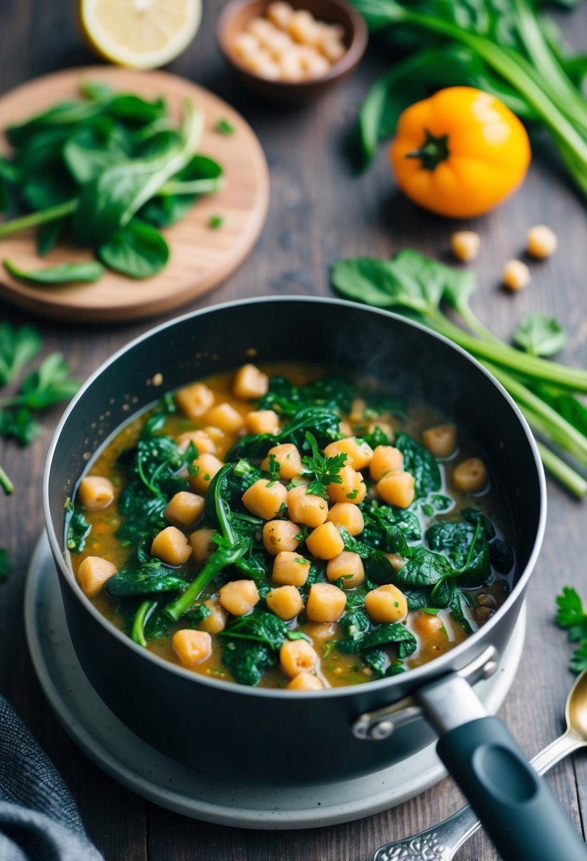 A simmering pot of chickpea stew with spinach, surrounded by fresh ingredients and herbs