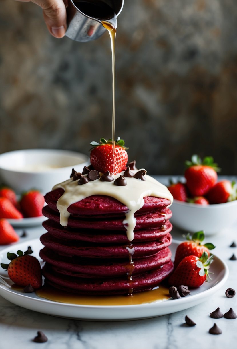 A stack of red velvet pancakes topped with cream cheese icing and chocolate chips on a white plate, surrounded by a drizzle of syrup and fresh strawberries