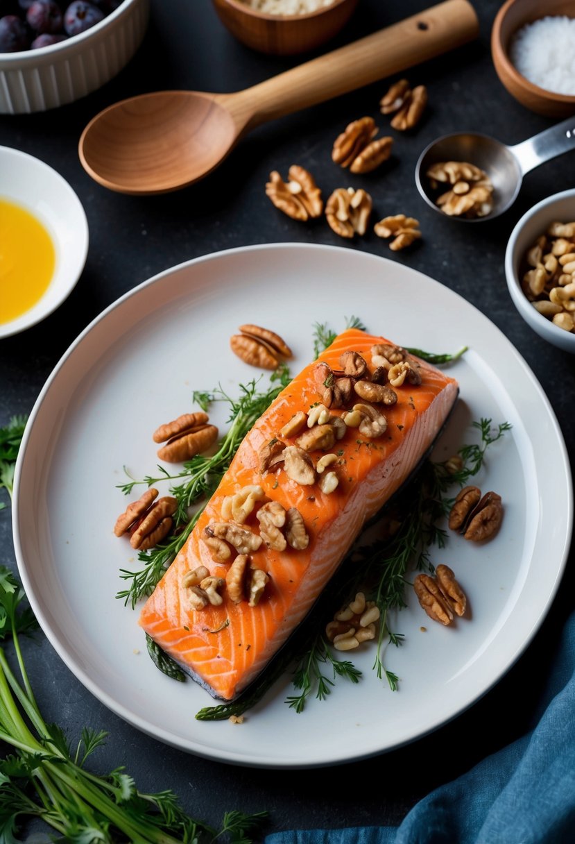 A plate of baked salmon topped with walnuts, surrounded by ingredients and cooking utensils