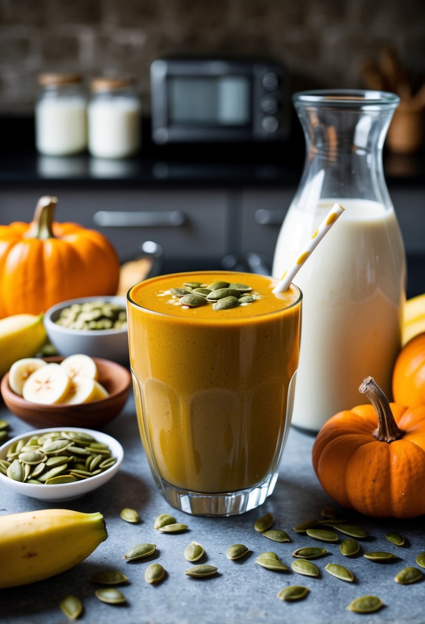 A glass of pumpkin seed smoothie surrounded by ingredients like pumpkin seeds, bananas, and almond milk on a kitchen counter