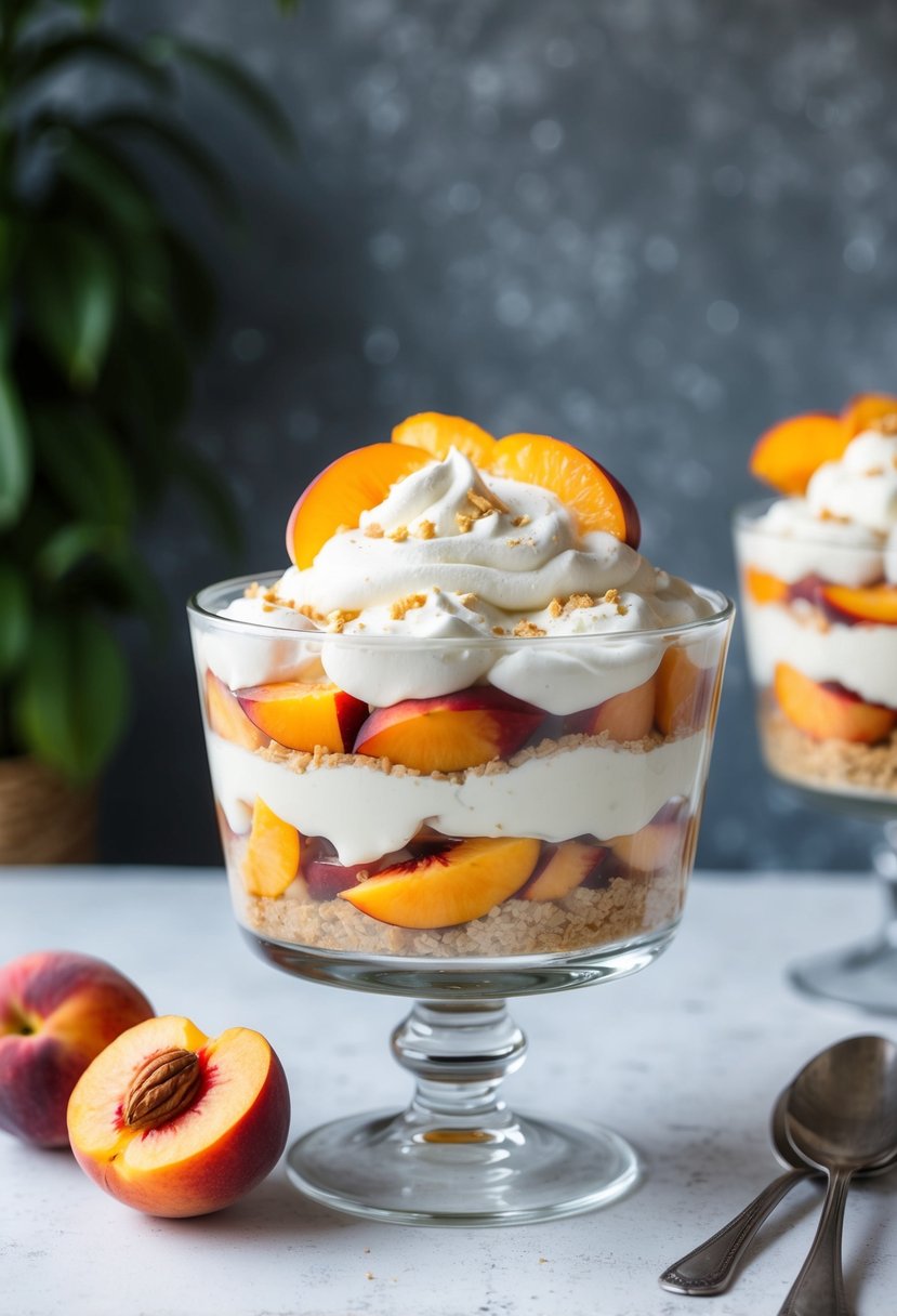 A glass trifle dish filled with layers of vegan peach trifle, topped with whipped coconut cream and fresh peach slices