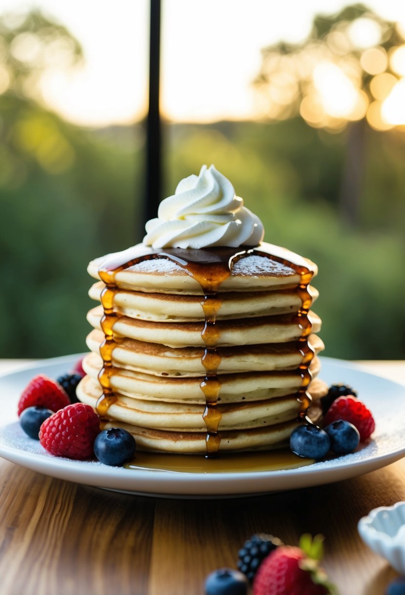 A stack of cinnamon-infused pancakes topped with syrup and powdered sugar on a white plate, surrounded by fresh berries and a dollop of whipped cream