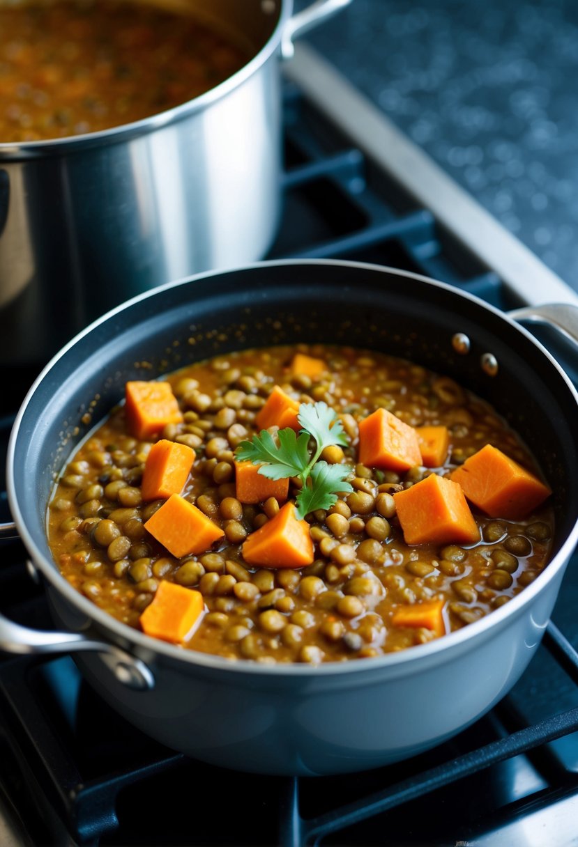 A simmering pot of lentil and sweet potato curry on a stovetop