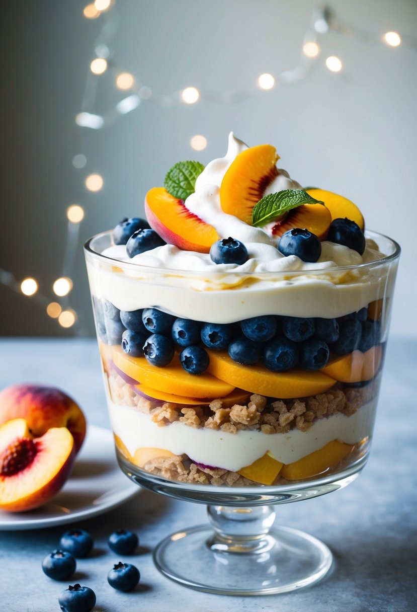 A glass trifle dish filled with layers of peach slices, blueberries, and creamy custard, topped with whipped cream and fresh fruit