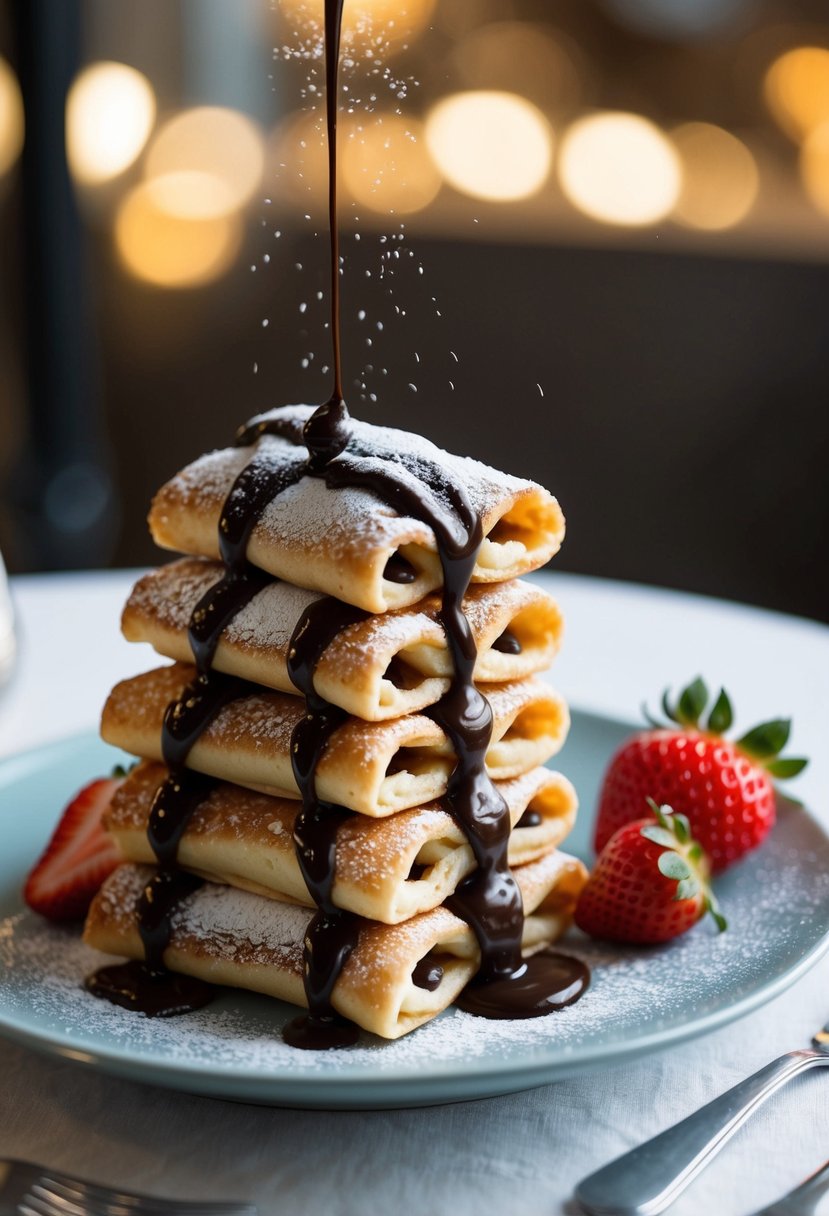 A table set with a stack of cannoli-filled pancakes, topped with powdered sugar and a drizzle of chocolate sauce, served with a side of fresh strawberries