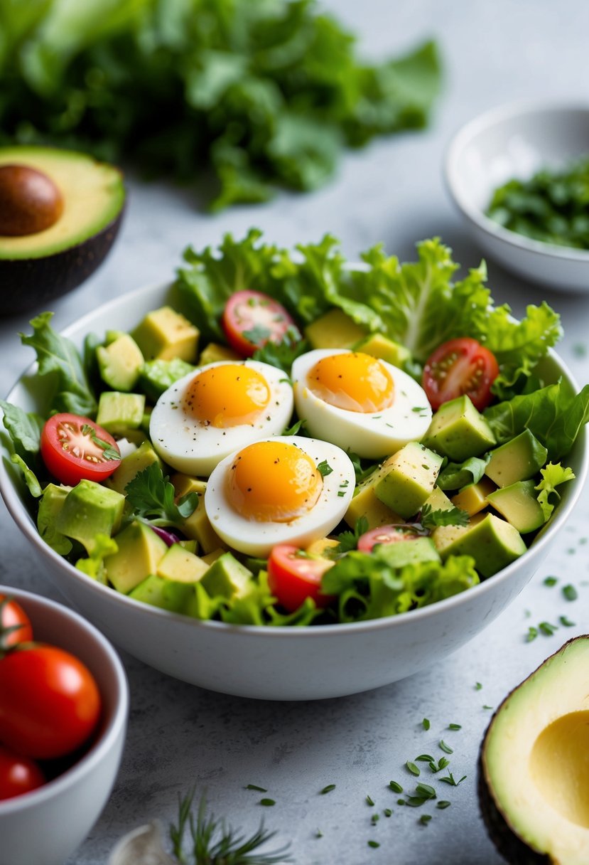 A bowl of avocado and egg salad surrounded by ingredients like lettuce, tomatoes, and herbs, with a soft, natural light illuminating the scene