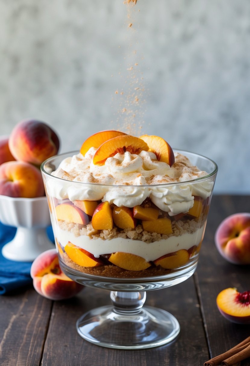 A glass trifle bowl filled with layers of peach cobbler, whipped cream, and fresh peach slices, topped with a sprinkle of cinnamon