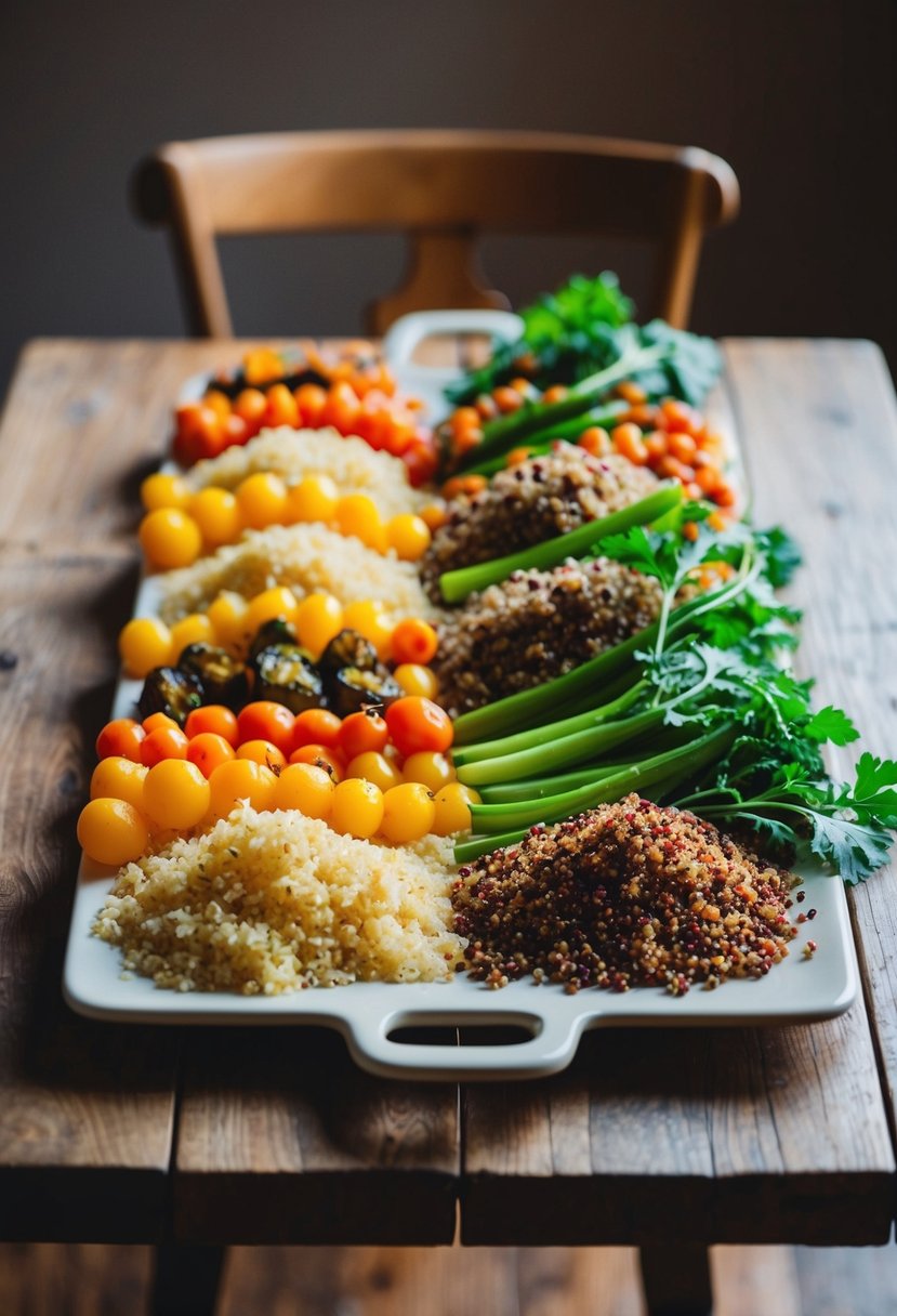 A colorful array of quinoa and roasted vegetables arranged on a rustic wooden table, with a soft, warm light casting gentle shadows