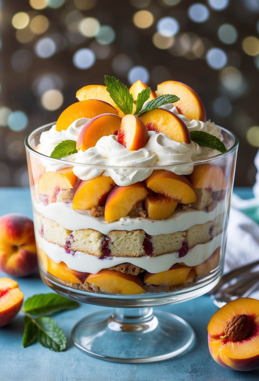 A colorful array of layered peaches, cream, and cake in a glass trifle dish, topped with fresh peach slices and mint leaves