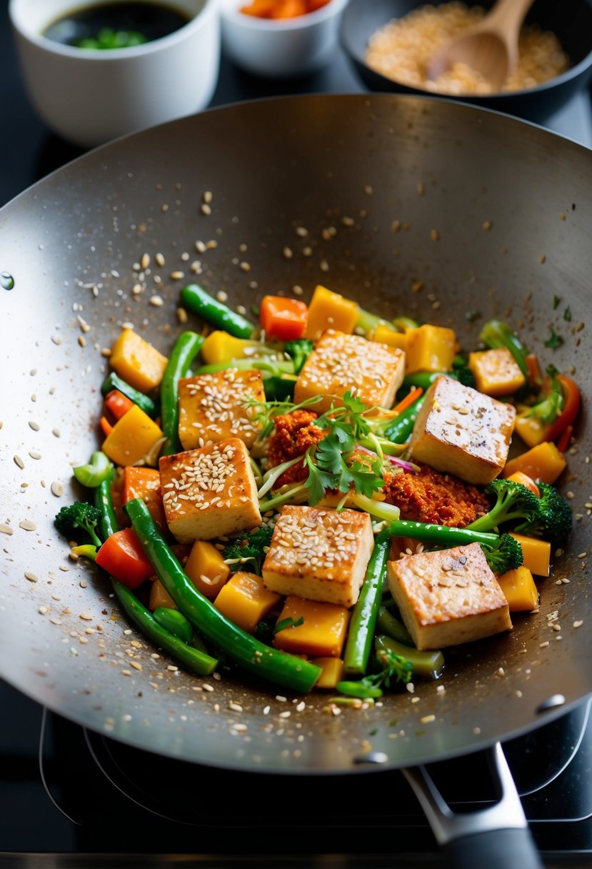 A wok sizzles with sesame tofu, colorful vegetables, and aromatic spices, creating a mouthwatering stir fry