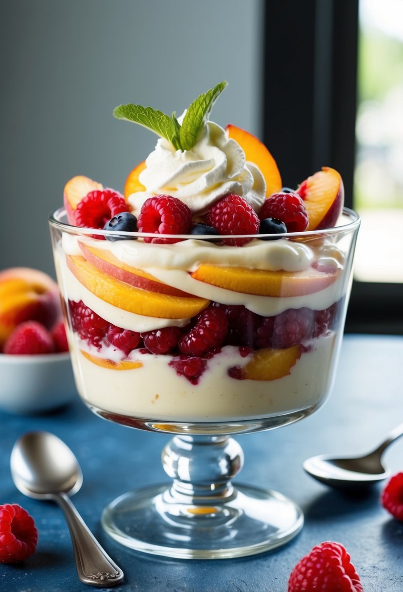 A glass bowl filled with layers of peach slices, raspberry compote, and creamy custard, topped with whipped cream and fresh berries