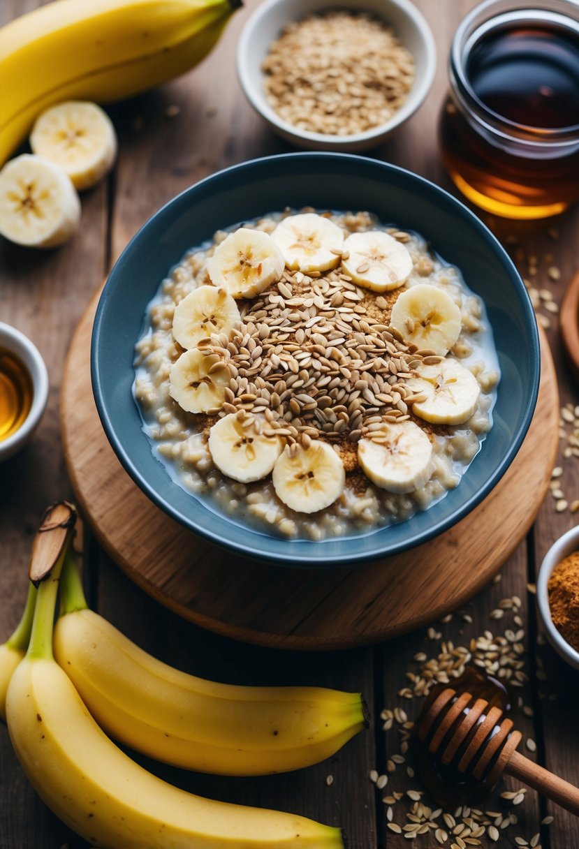 A bowl of oatmeal topped with flaxseeds, surrounded by ingredients like bananas, honey, and cinnamon, sits on a wooden table