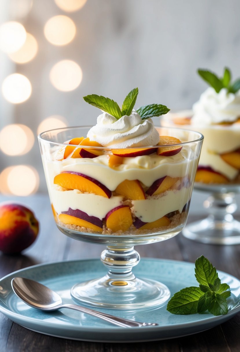 A glass trifle dish layered with peach slices, passionfruit syrup, and creamy custard, topped with whipped cream and fresh mint