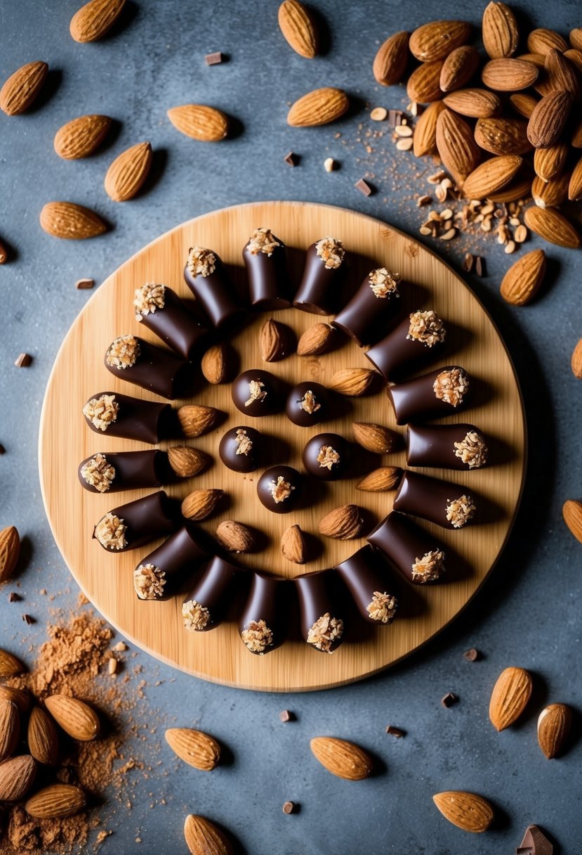 A wooden cutting board with dark chocolate and almond bites arranged in a circular pattern, surrounded by scattered almonds and cocoa powder