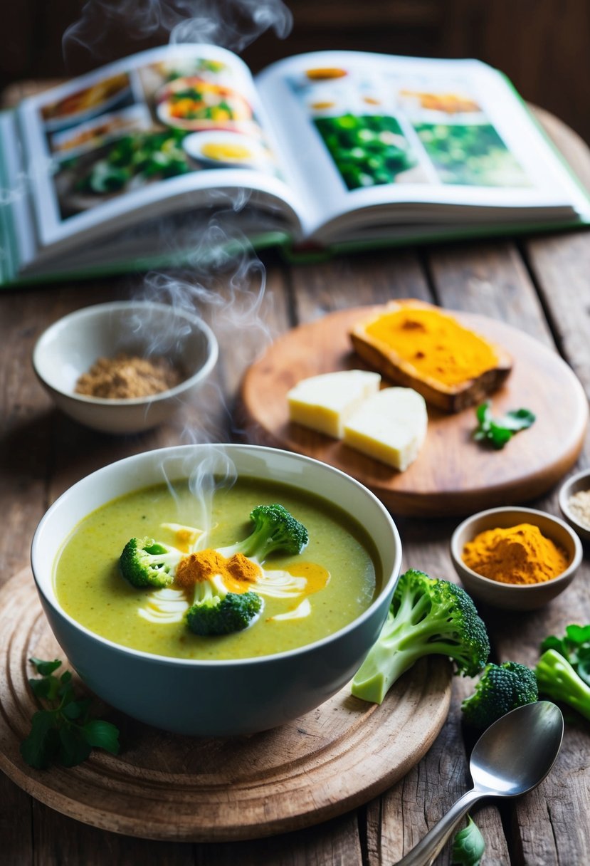 A steaming bowl of broccoli soup with turmeric sits on a rustic wooden table, surrounded by fresh ingredients and a cookbook open to the luteal phase recipes