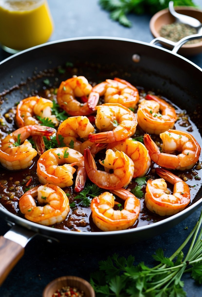 A sizzling skillet of succulent shrimp coated in a sticky glaze, surrounded by vibrant herbs and spices