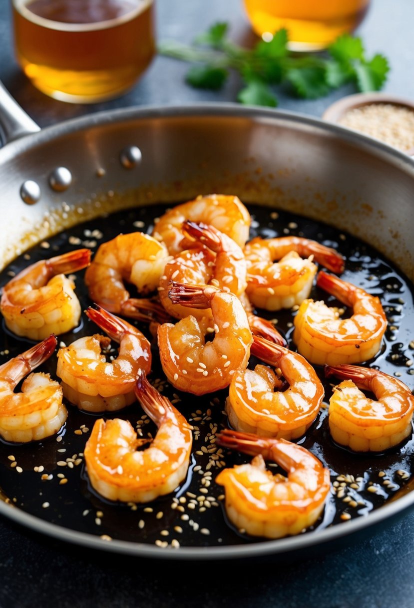 A sizzling skillet of honey garlic sticky shrimp, glistening with savory glaze and sprinkled with sesame seeds