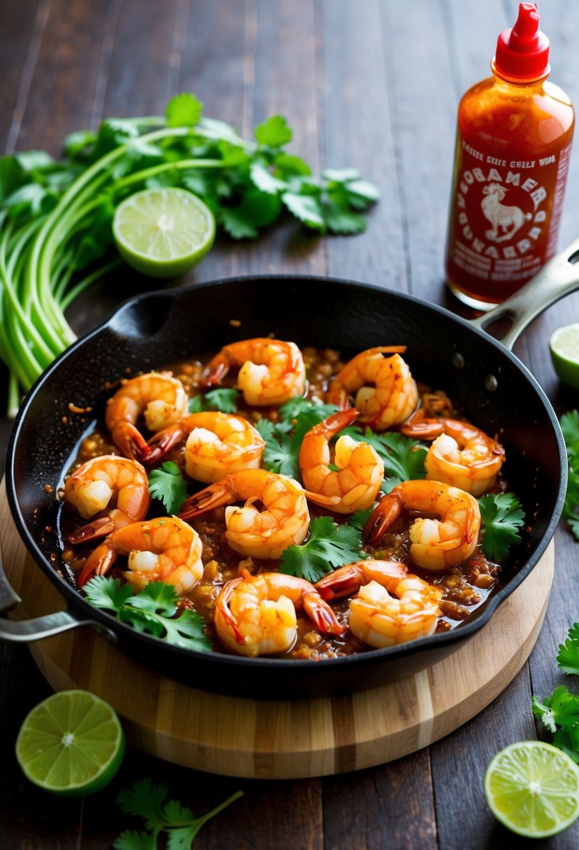 A sizzling skillet of spicy Sriracha lime shrimp with vibrant green cilantro and zesty lime slices