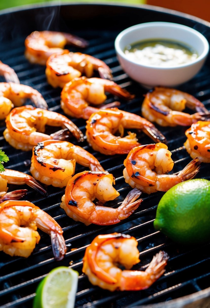 Grilled shrimp covered in sweet chili lime sauce on a sizzling hot grill