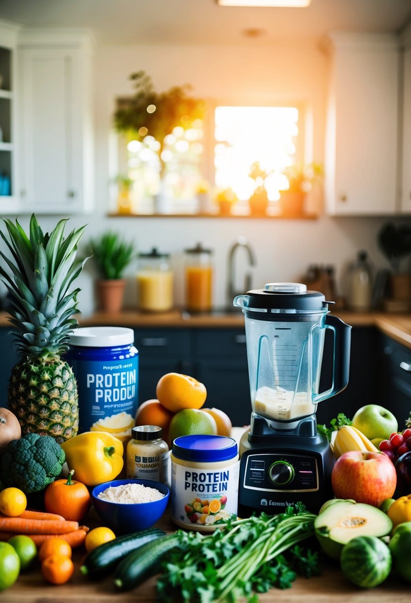 A colorful array of fresh fruits and vegetables, a blender, and a variety of protein powders and liquids on a kitchen counter