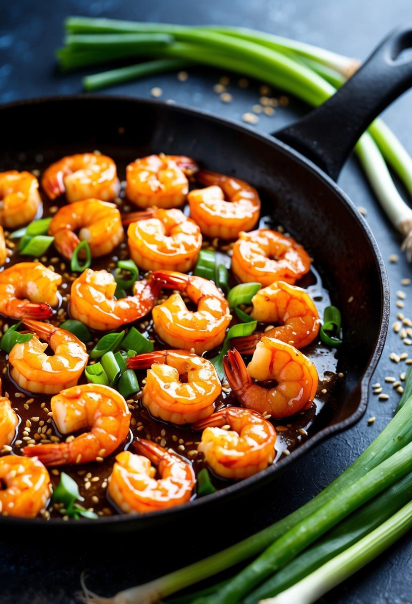 A sizzling skillet of sesame orange shrimp, glistening with a sticky glaze, surrounded by vibrant green scallions and toasted sesame seeds