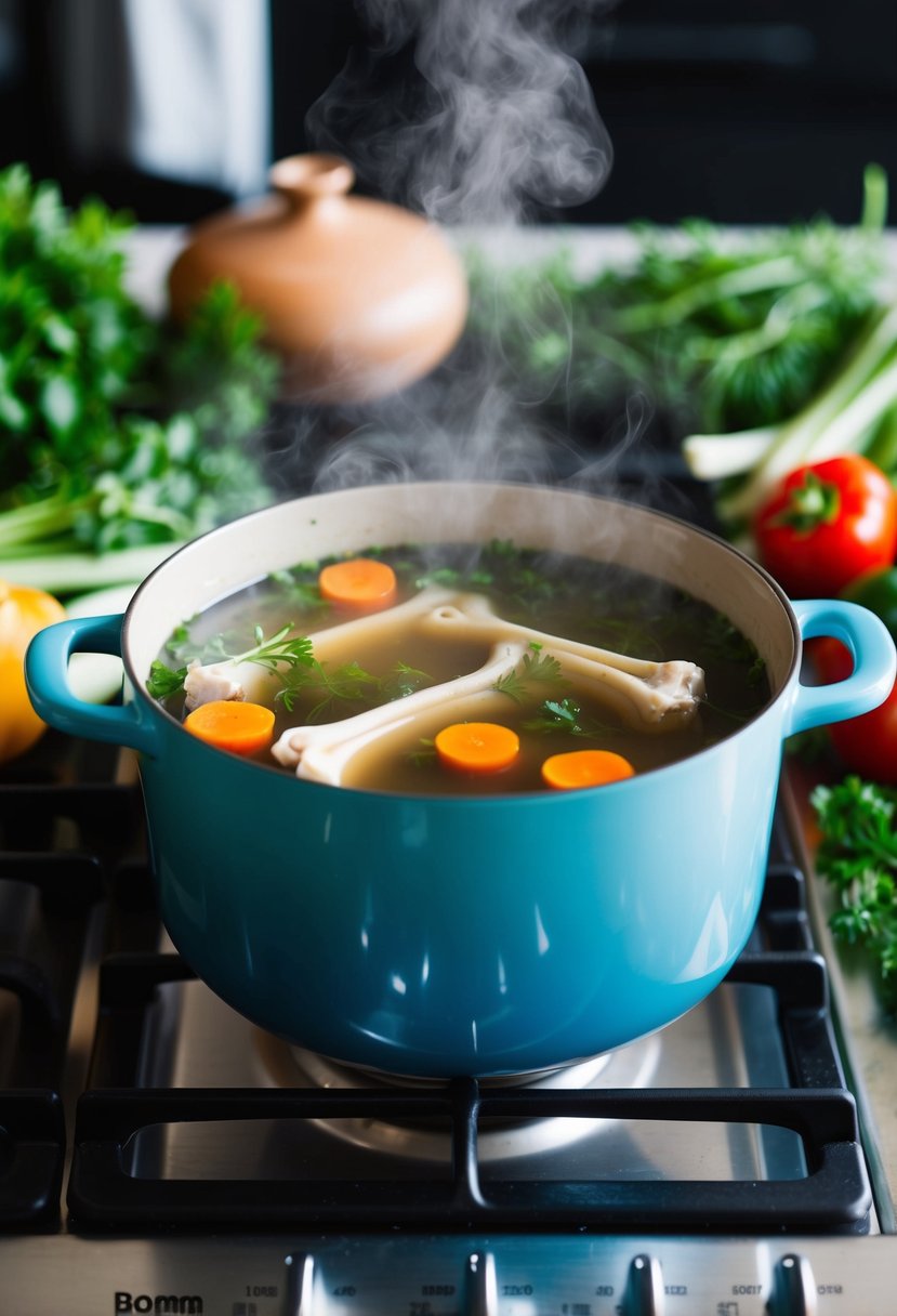 A steaming pot of bone broth simmers on the stove, surrounded by fresh vegetables and herbs