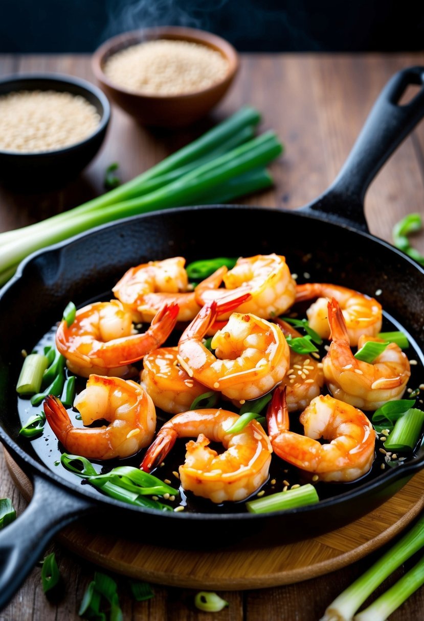 A sizzling skillet of shrimp coated in a glossy ginger soy glaze, surrounded by vibrant green scallions and sesame seeds