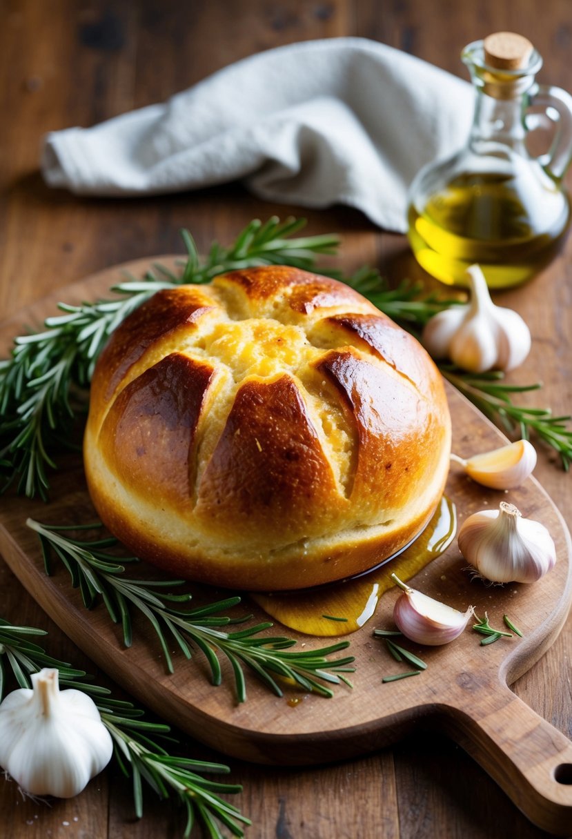 A warm, golden-brown garlic loaf sits on a rustic wooden cutting board, surrounded by fresh cloves of garlic, sprigs of rosemary, and a drizzle of olive oil