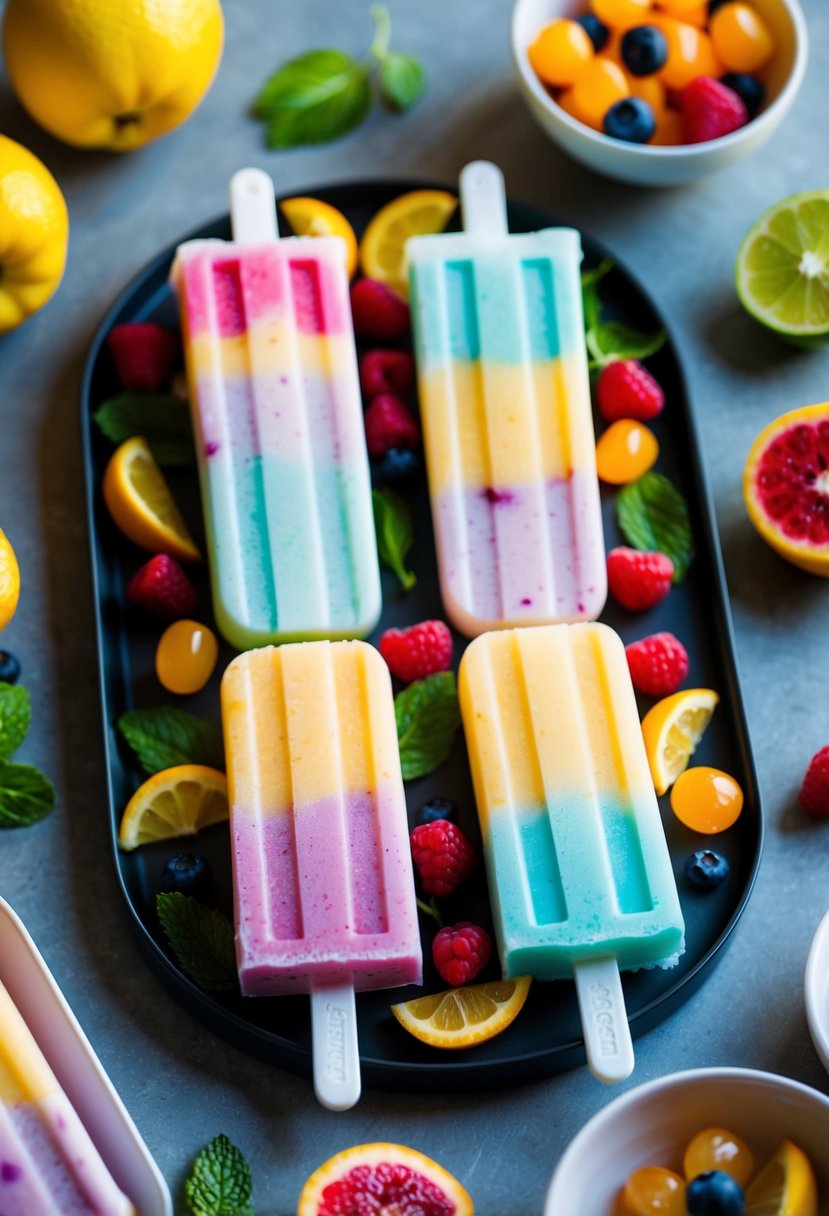 A colorful array of sugar-free popsicles arranged on a sleek, modern serving tray, surrounded by fresh fruit and vibrant garnishes