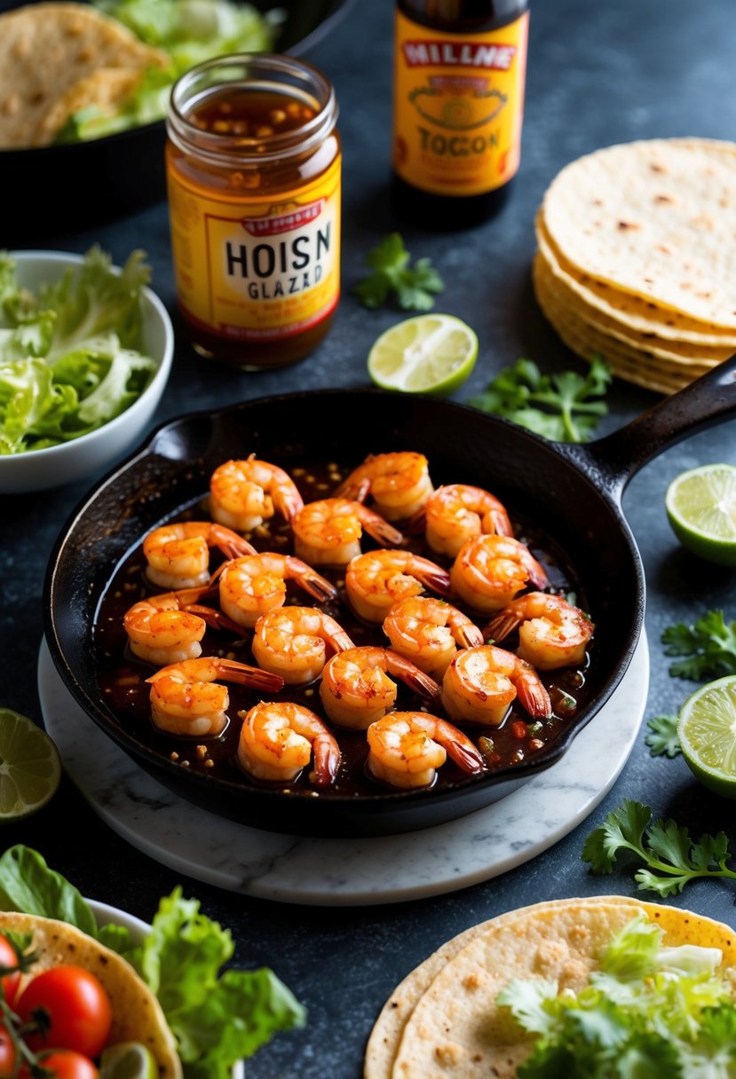 A sizzling skillet of hoisin-glazed shrimp, surrounded by taco fixings like lettuce, tomatoes, and tortillas