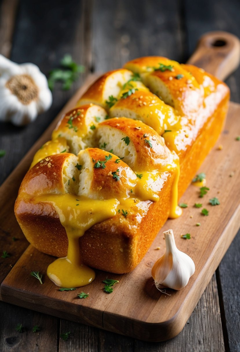 A golden loaf of garlic cheesy bread, oozing with melted cheese and aromatic garlic, sits on a rustic wooden cutting board