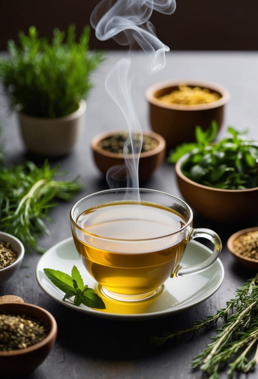 A steaming cup of herbal tea sits on a table surrounded by fresh herbs and ingredients for a decaffeinated liquid diet