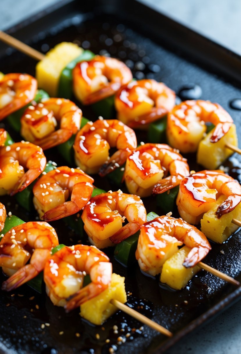 Skewers of succulent shrimp and pineapple coated in glistening teriyaki sauce