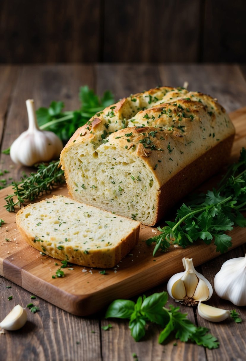 A rustic Italian herb garlic loaf sits on a wooden cutting board, surrounded by fresh herbs and garlic cloves