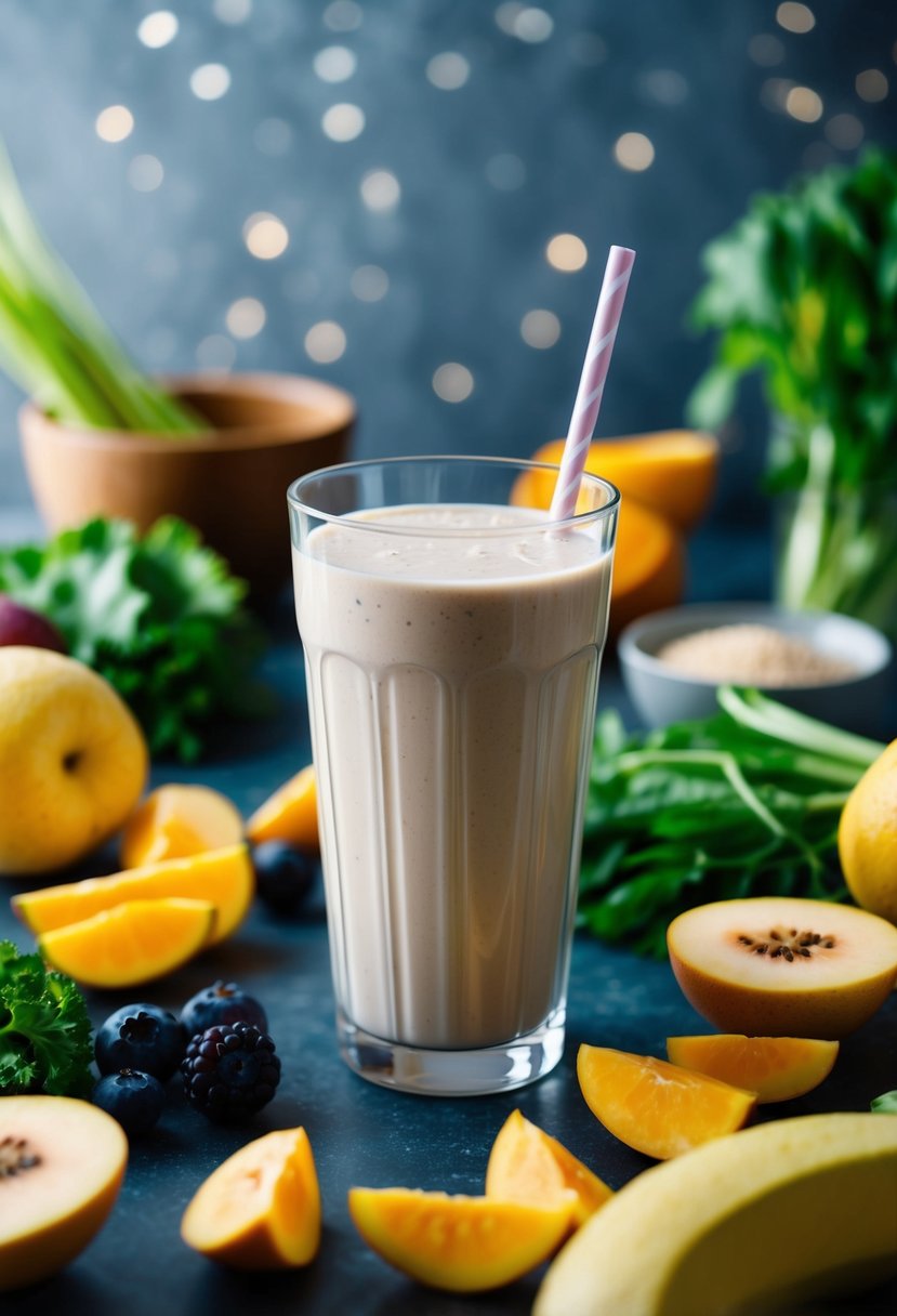 A glass of protein shake surrounded by low-sugar ingredients like fruits and vegetables, ready to be blended for a pre-bariatric sleeve liquid diet recipe