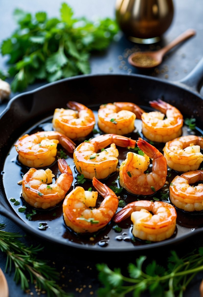 A sizzling skillet of garlic shrimp coated in a glossy maple glaze, surrounded by fresh herbs and spices