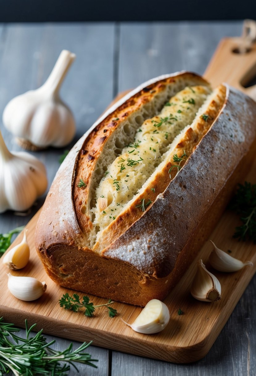 A rustic loaf of sourdough garlic bread, surrounded by fresh garlic cloves and herbs on a wooden cutting board