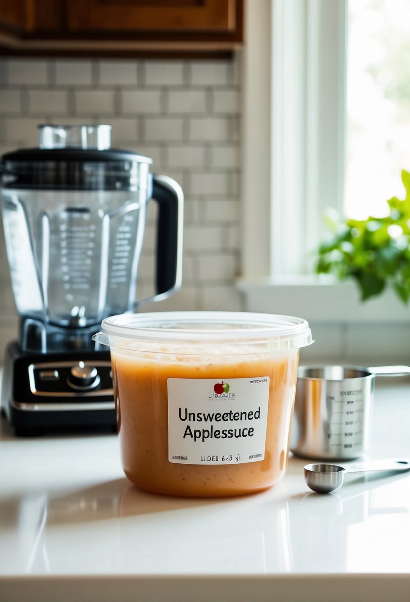 A clear, plastic container of unsweetened applesauce sits on a white countertop next to a blender and a measuring cup